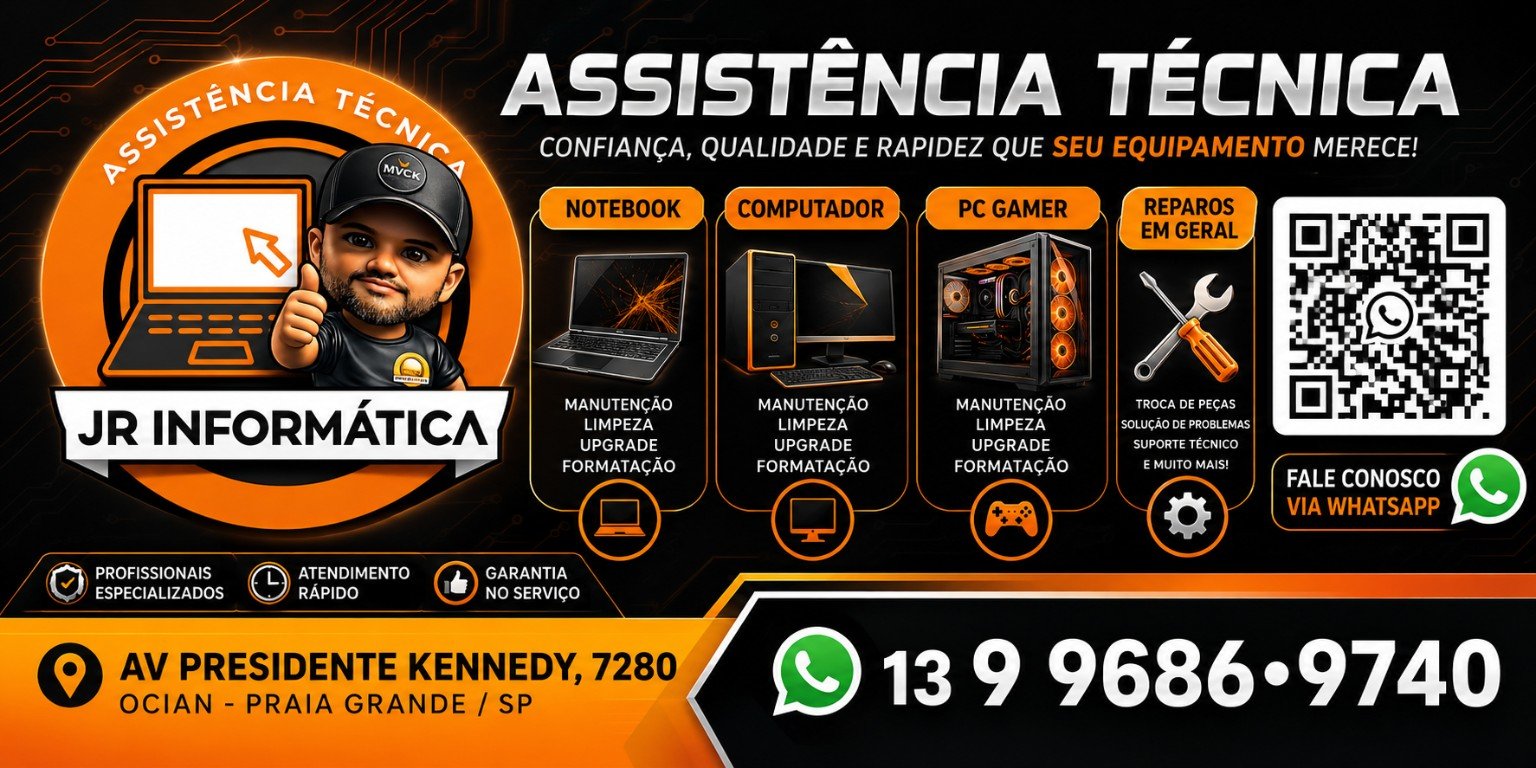 Banner JR Informática: assistência técnica, manutenção, limpeza, upgrade, formatação e contato WhatsApp
