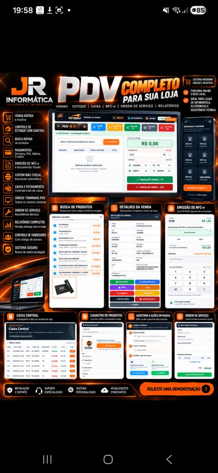 Apresentação visual detalhada do PDV completo JR Informática para lojas, com módulos de venda, estoque, caixa e relatórios